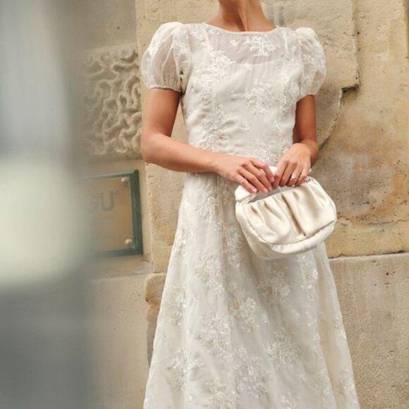 Lulus Elfrieda Cream Floral Embroidered Puff Sleeve Midi Dress White - Size S - Picture 1 of 4
